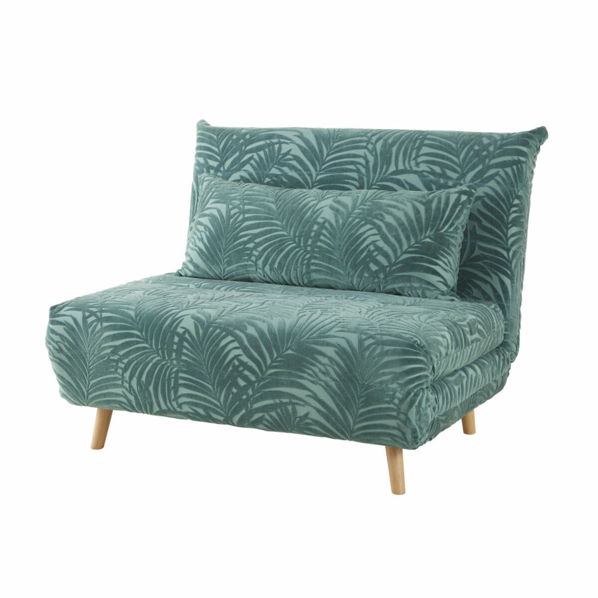 Banquette convertible 1 place en velours vert motifs palmiers