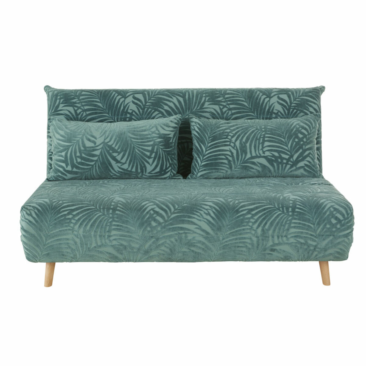 Banquette convertible 2 places en velours vert motifs palmiers