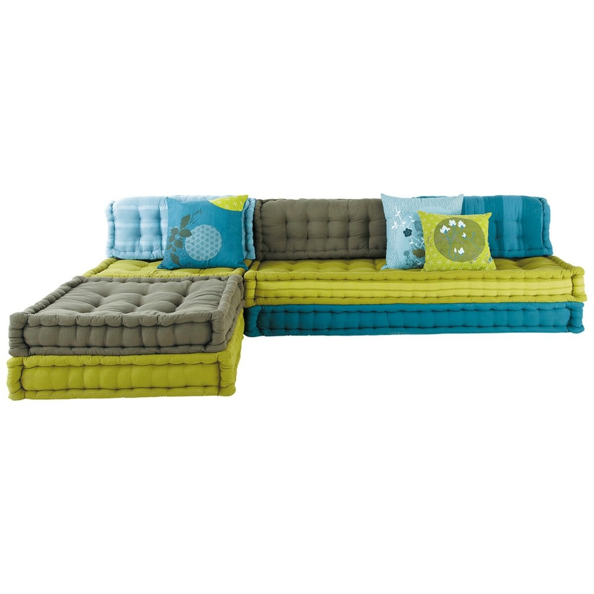 Banquette d'angle modulable 6 places en coton bleue et verte Kimimoi