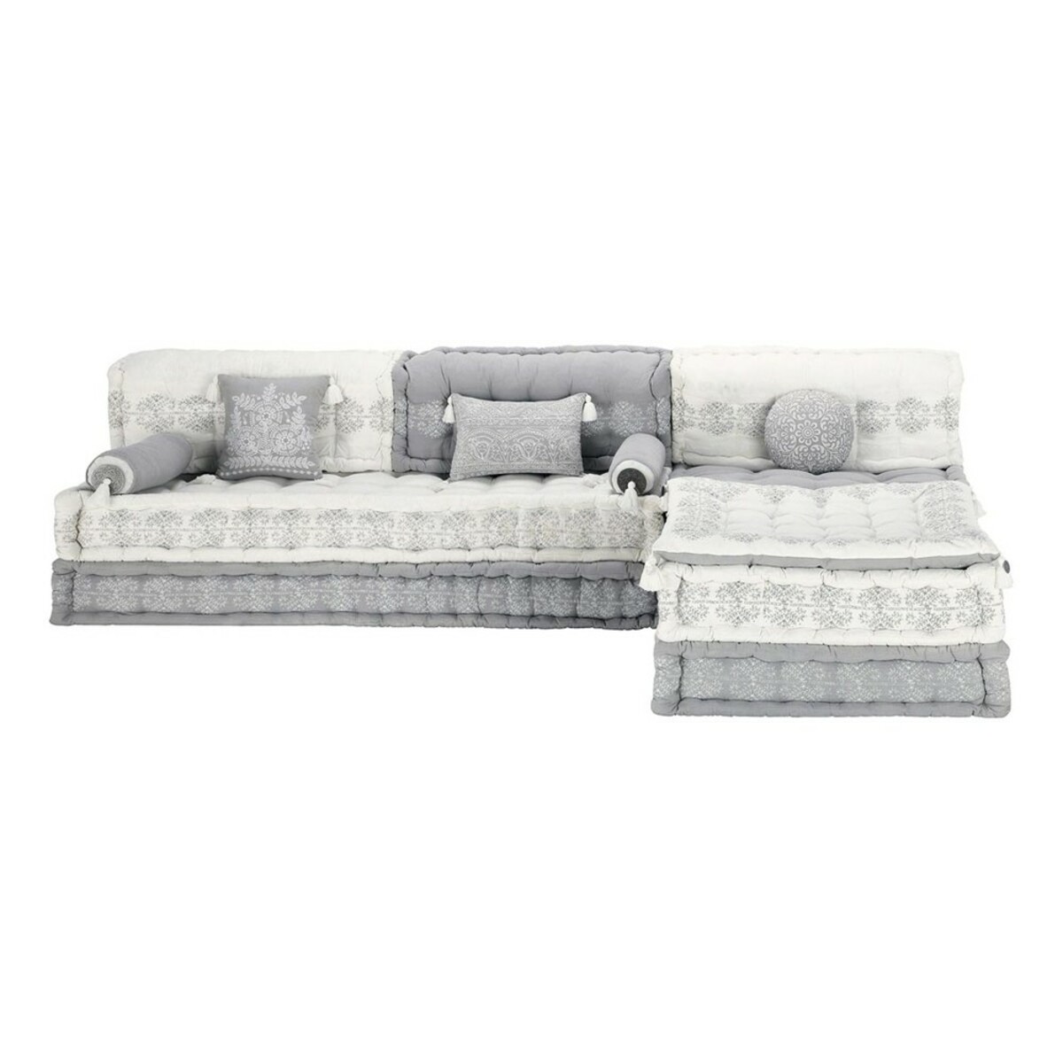 Banquette d'angle modulable 6 places en coton grise et blanche
