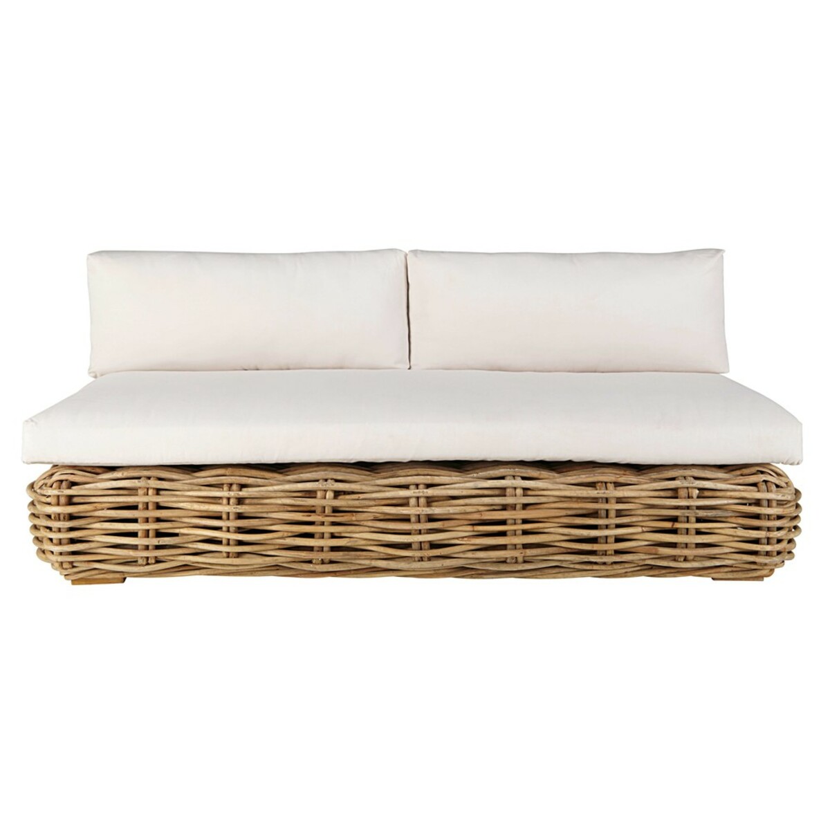 Banquette pour canapé de jardin modulable en rotin et coussins écrus St Tropez