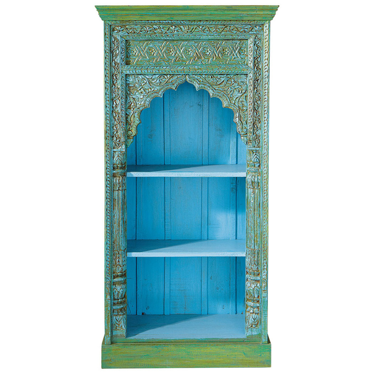 Bibliothèque indienne en manguier vert et bleu Madras