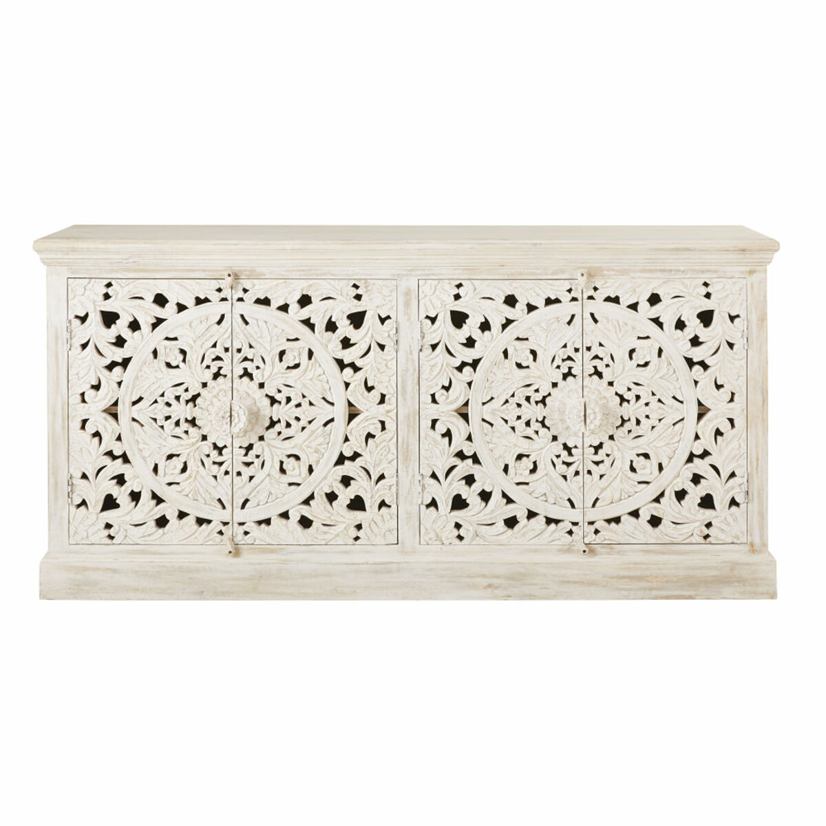 Buffet enfilade 4 portes en manguier massif sculpté blanc Kerala