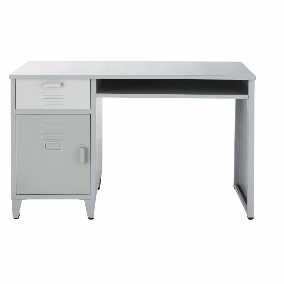 Bureau 1 tiroir 1 porte en métal gris, blanc et vert Dino