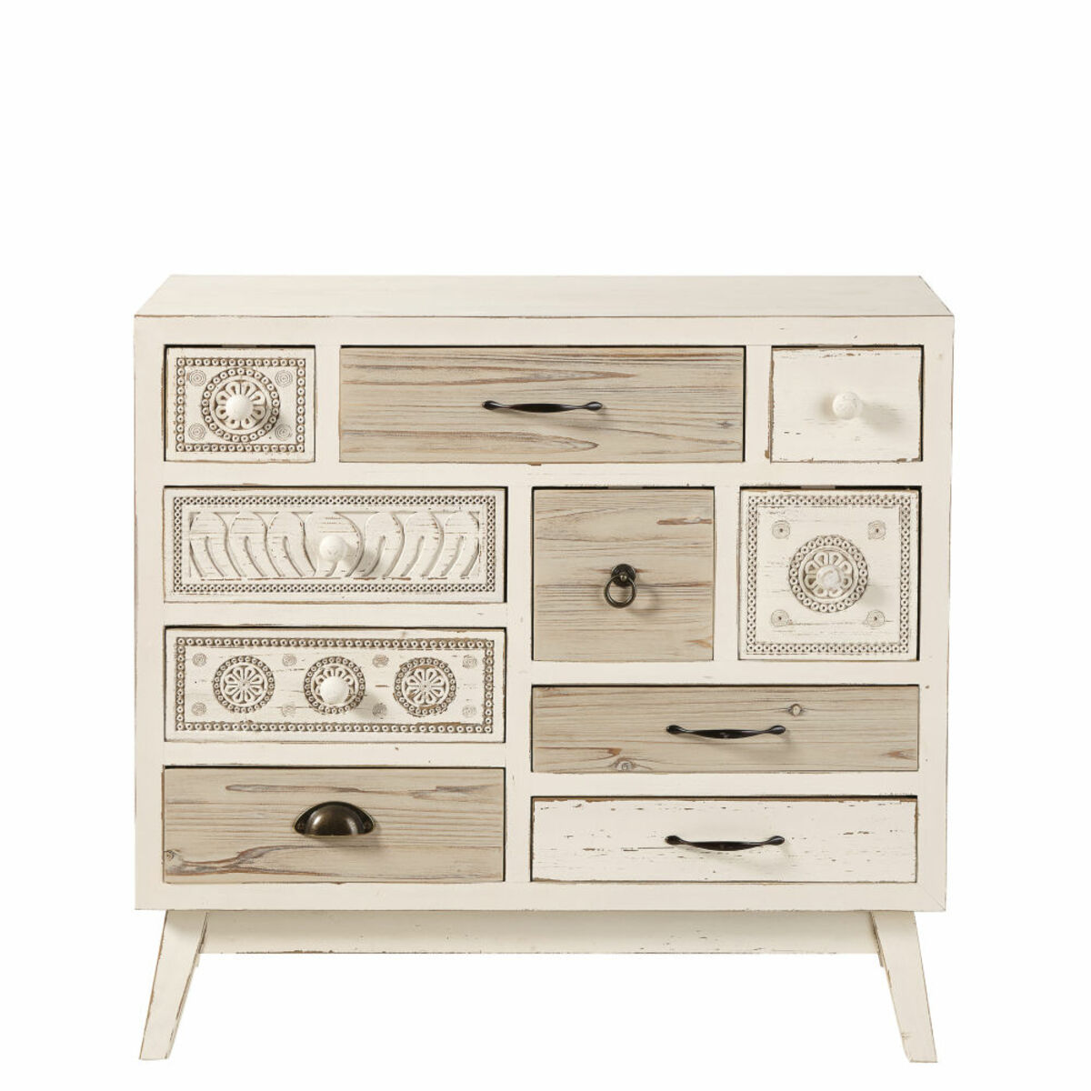 Cabinet de rangement 10 tiroirs en sapin blanc effet vieilli Rumba