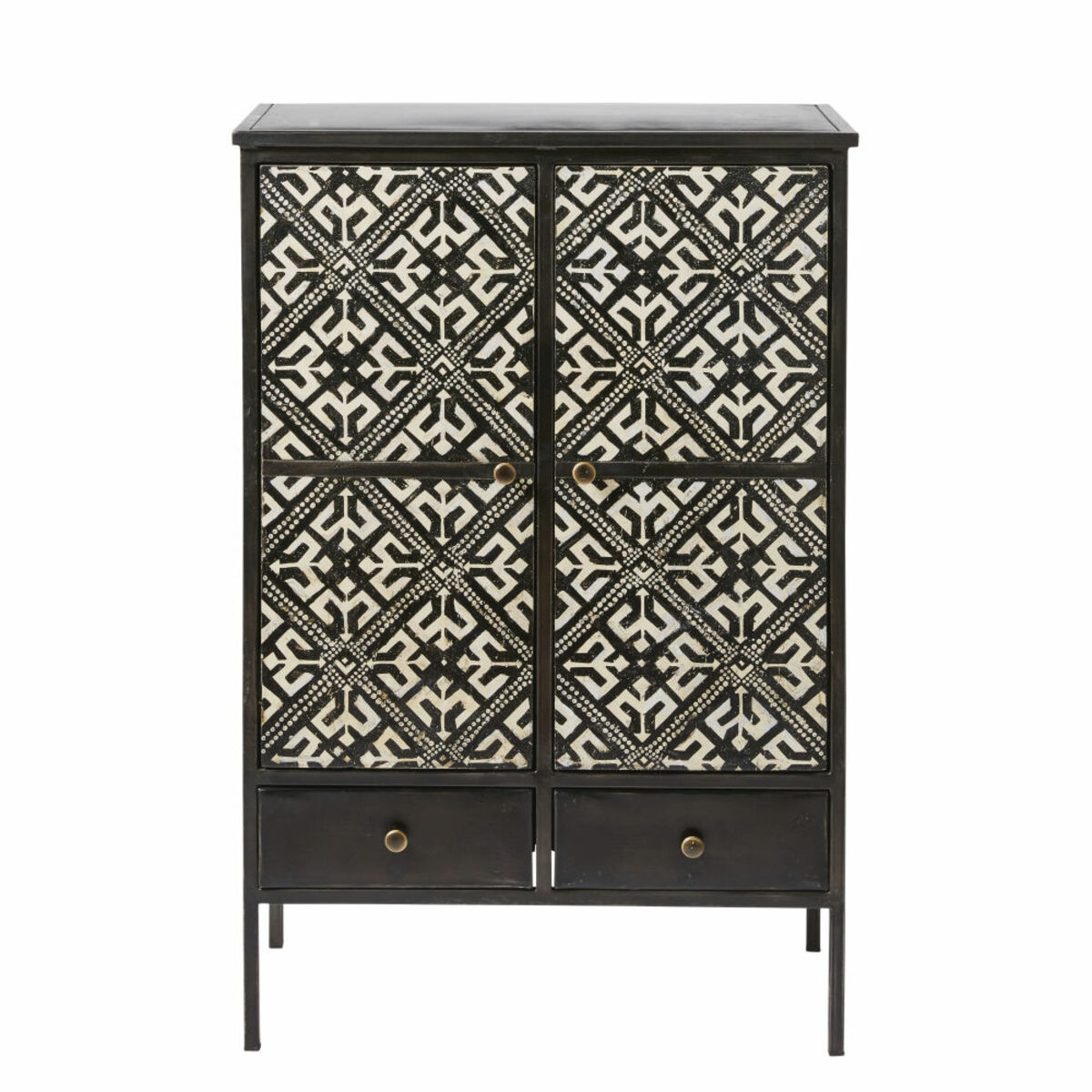 Cabinet de rangement 2 portes 2 tiroirs noir motifs ivoire