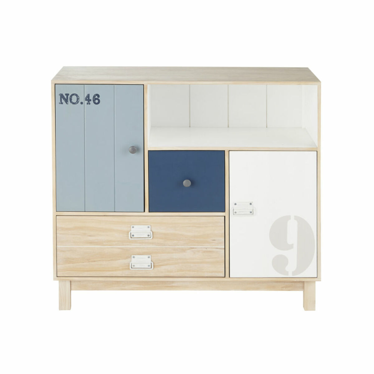 Cabinet de rangement 2 tiroirs 2 portes en pin blanc et bleu Marin