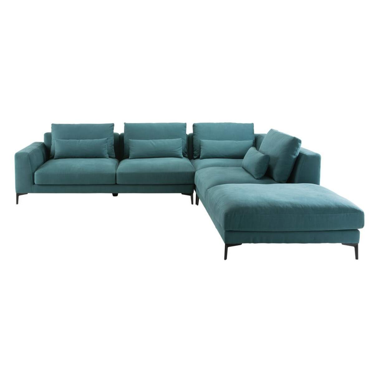 Canapé d'angle droit 6 places en coton et lin bleu canard Portland