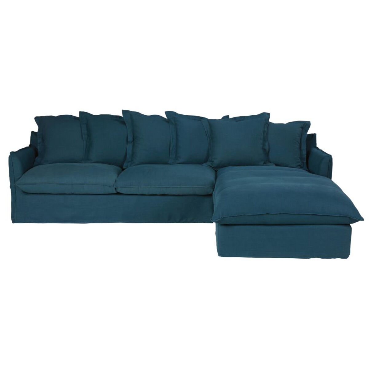 Canapé d'angle droit convertible 6 places en lin lavé bleu pétrole Barcelone