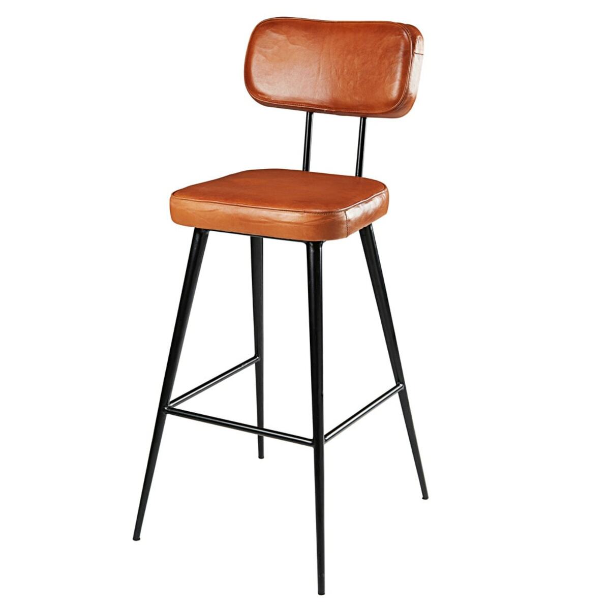 Chaise de bar en cuir de chèvre marron et métal noir Clapper