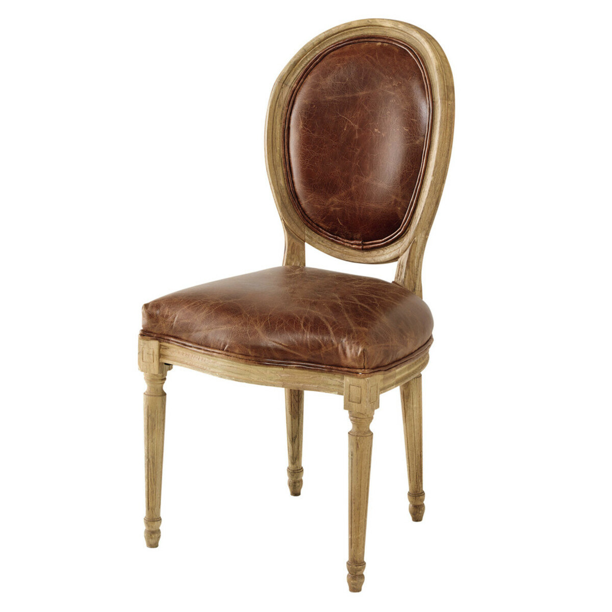 Chaise médaillon en cuir et chêne massif marron Louis
