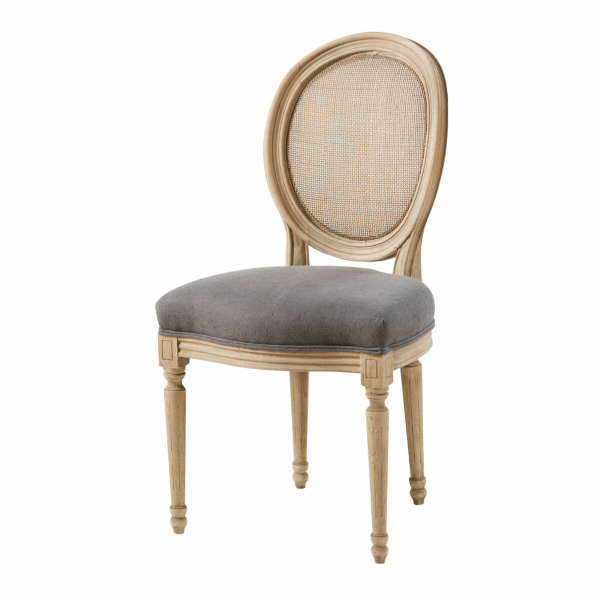 Chaise médaillon en lin gris foncé et cannage en rotin