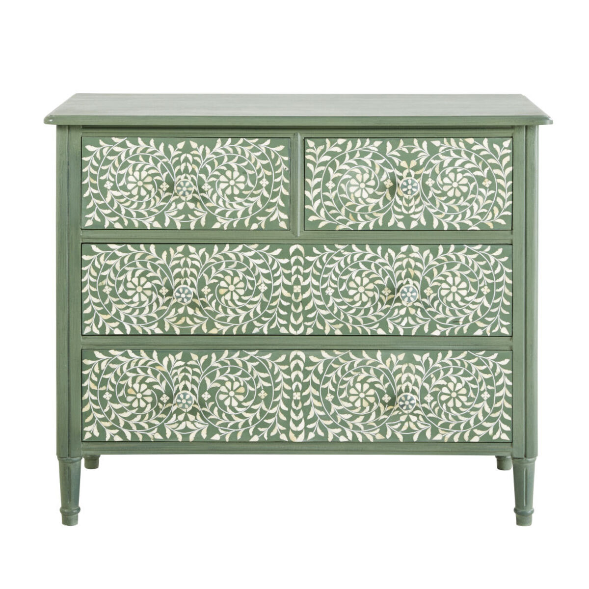 Commode 4 tiroirs vert kaki motif floral Anoushka