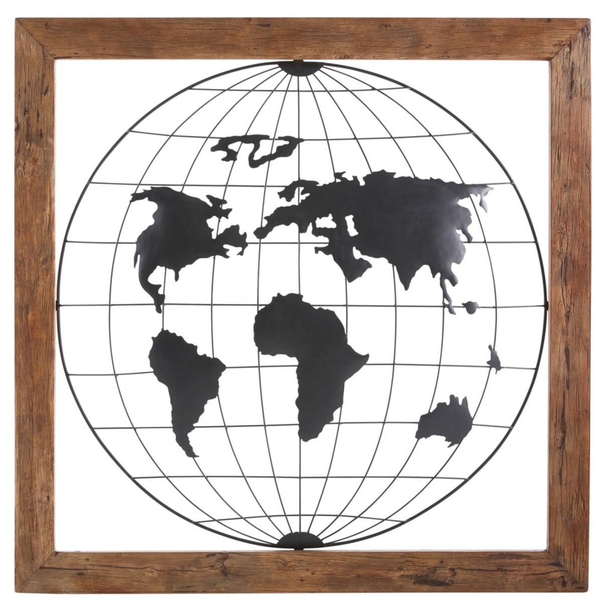Déco murale globe terrestre en métal noir et manguier 142x140