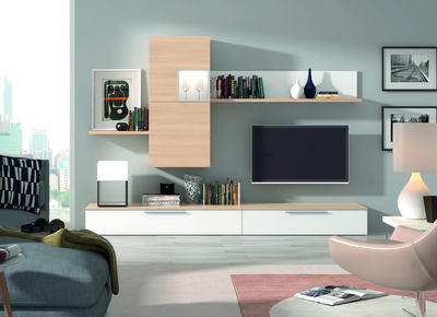 Ensemble bibliotheque meuble tv  - coloris blanc-chene nordique