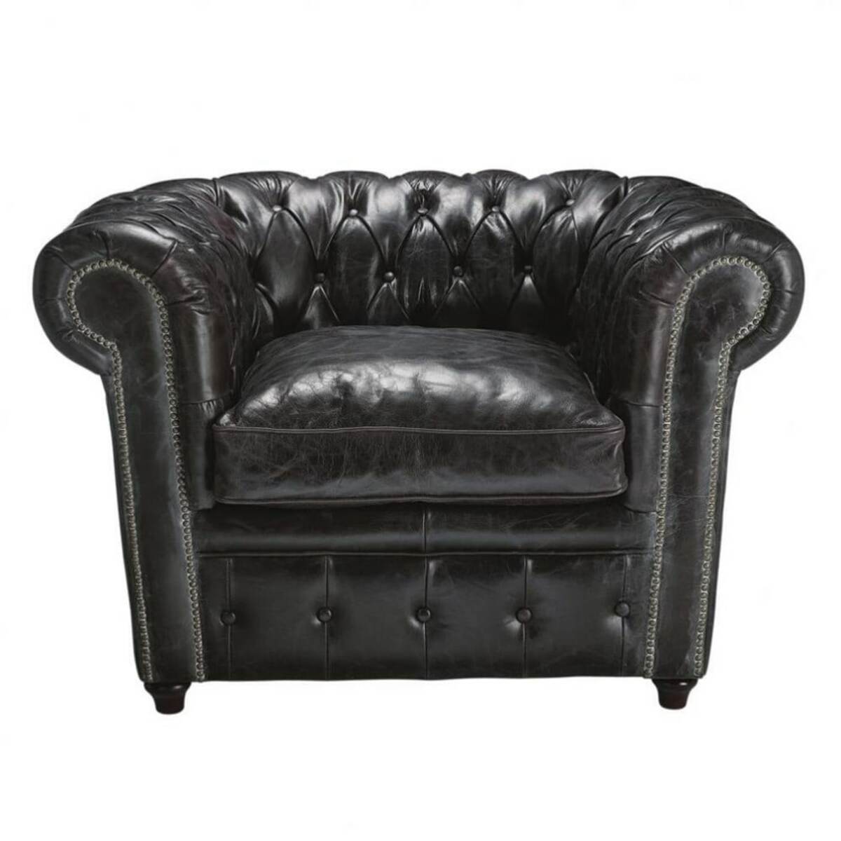 Fauteuil capitonné en cuir noir Chesterfield