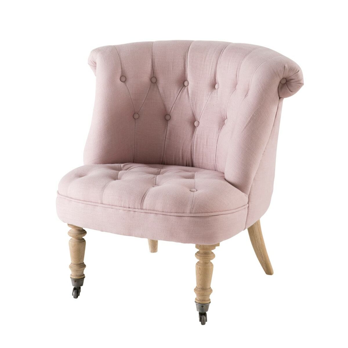 Fauteuil capitonné en lin lavé rose poudré