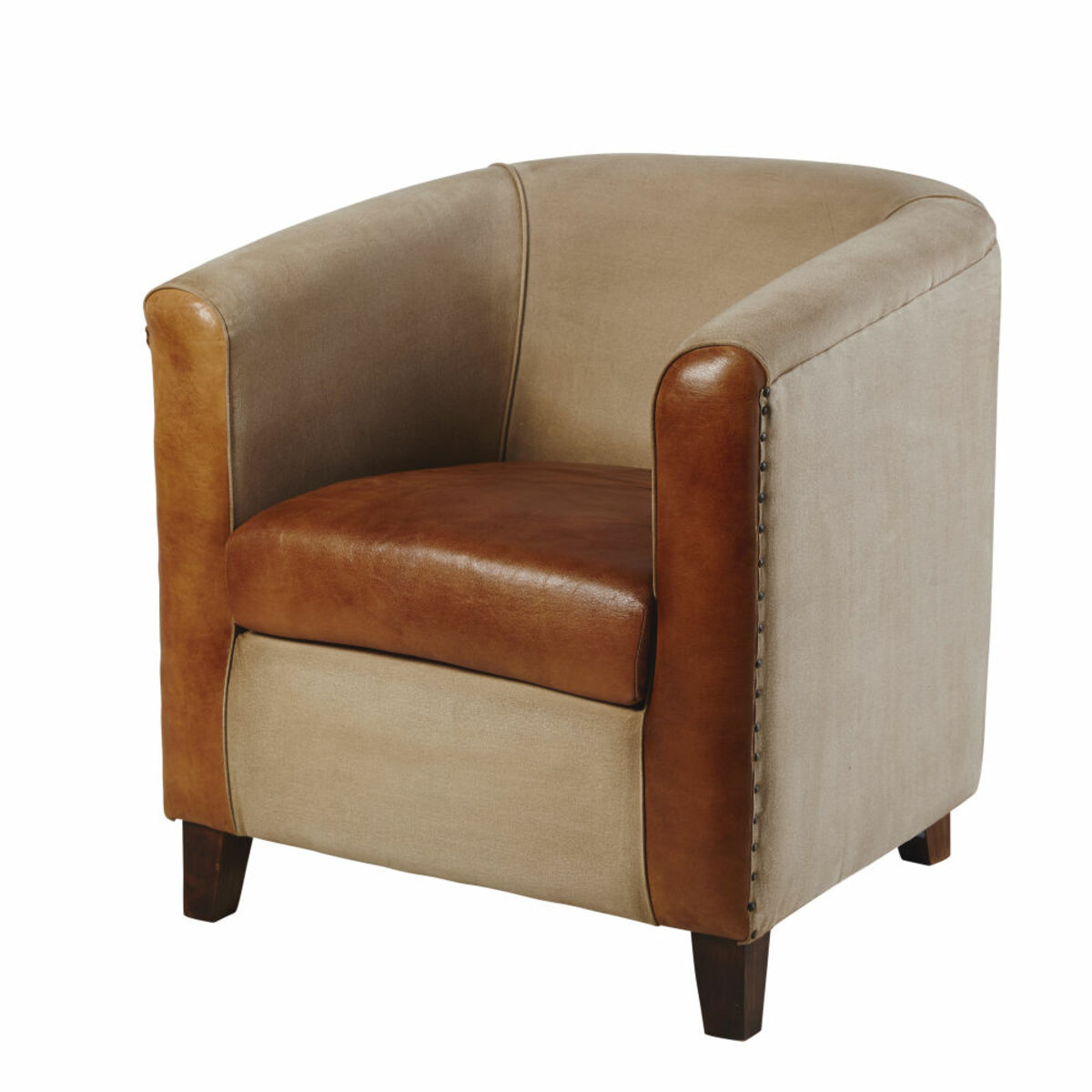 Fauteuil club en coton recyclé et cuir marron