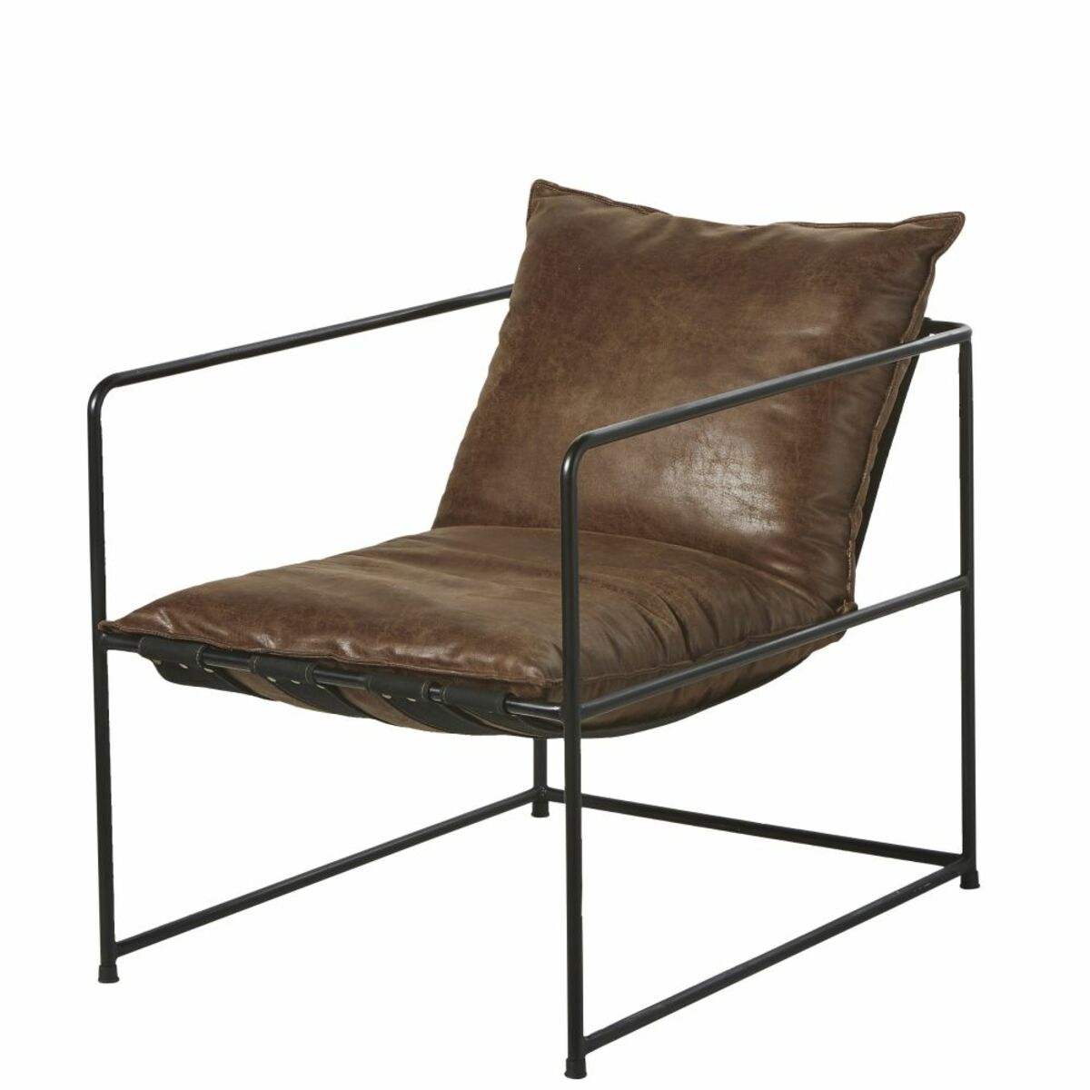 Fauteuil marron vieilli et métal noir