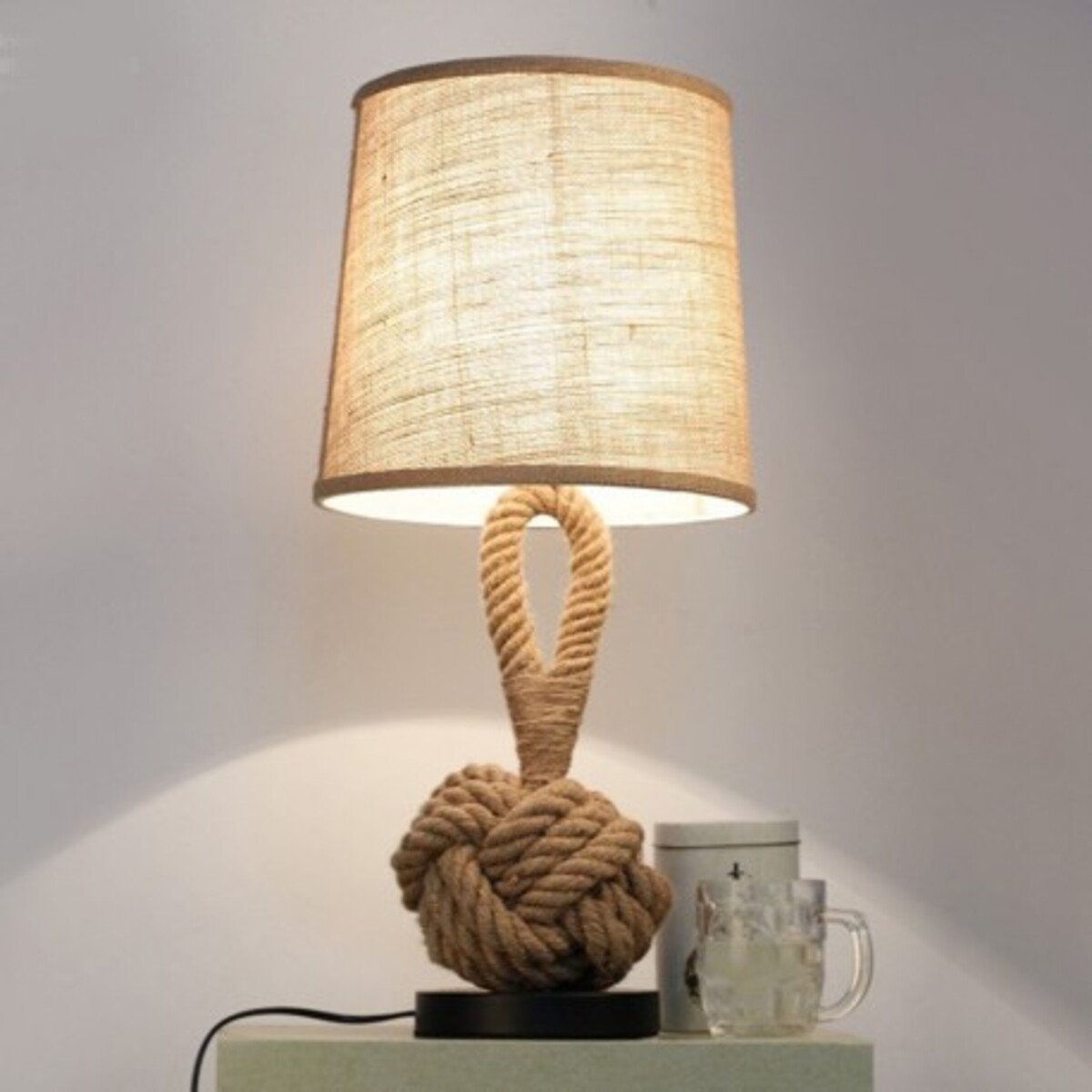 Lampe à poser LED avec cordage et abat-jour en tissu