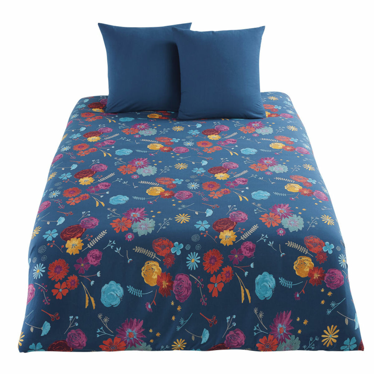 Parure de lit en coton bleu pétrole motif floral multicolore 240x260