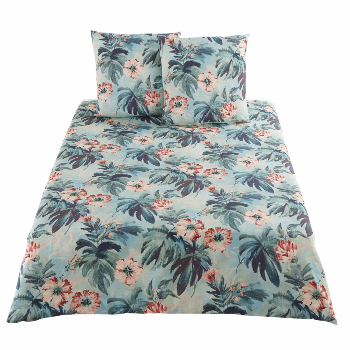 Parure de lit en coton bleu vert motif tropical 240x260