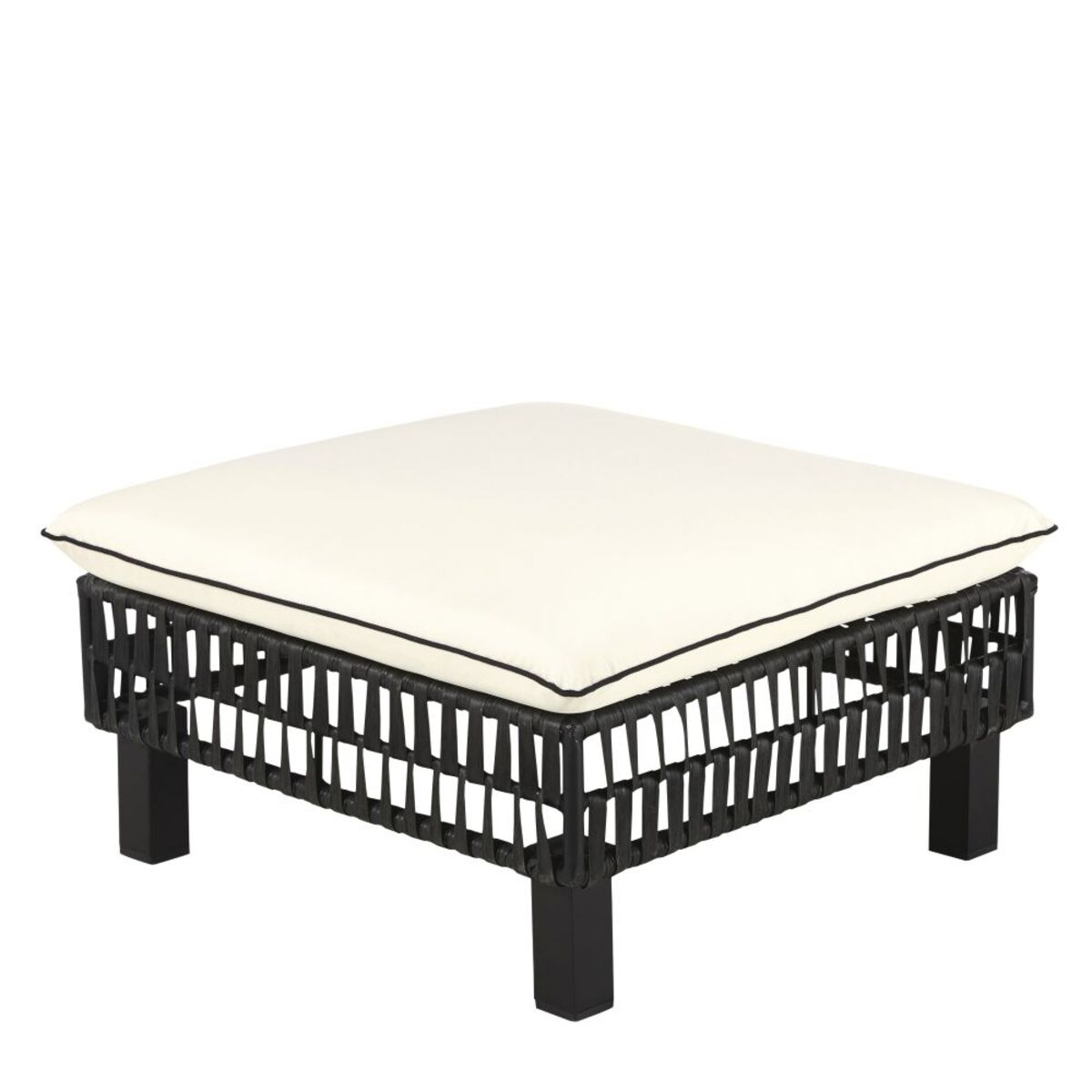 Pouf de jardin en résine tressée noire et toile blanche Massai