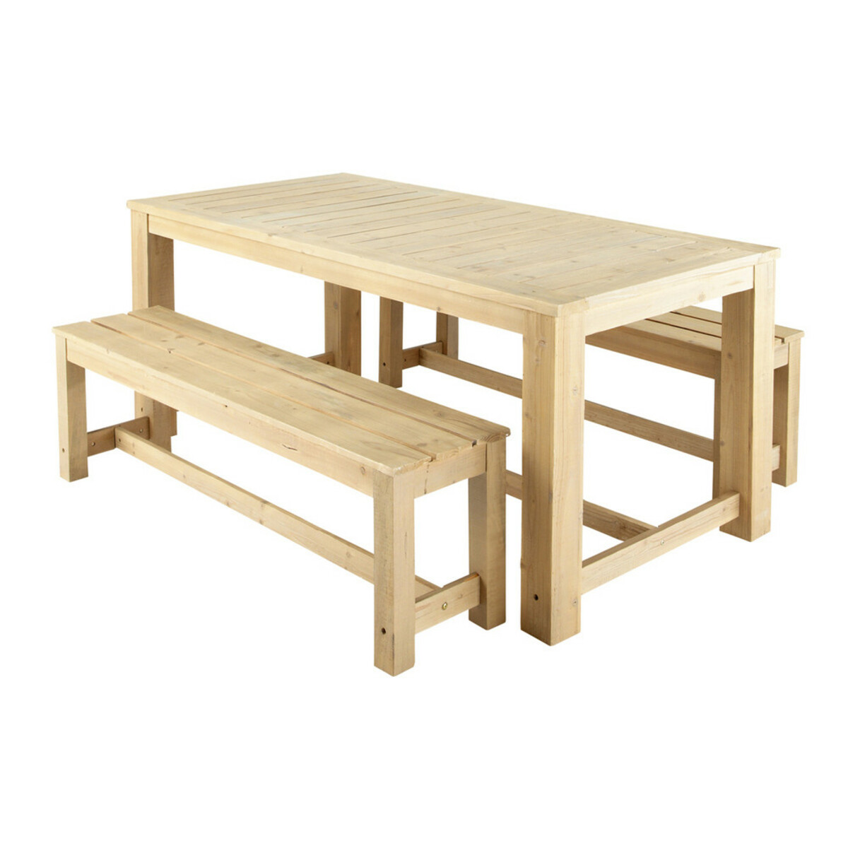 Table + 2 bancs de jardin en bois L 180 cm