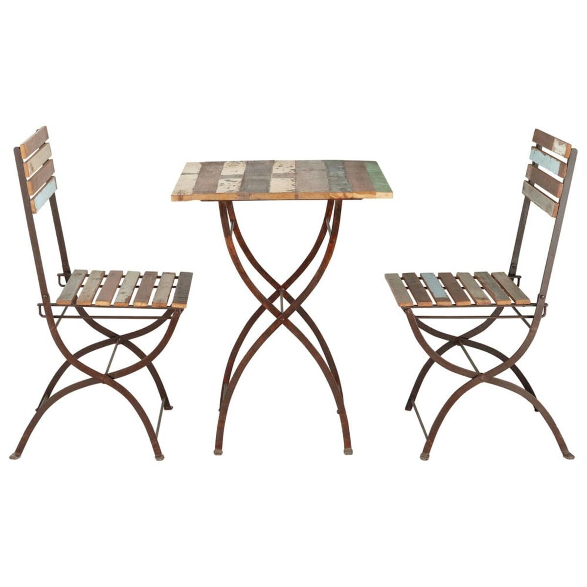 Table + 2 chaises de jardin en bois recyclé et métal effet vieilli L 60 cm Collioure