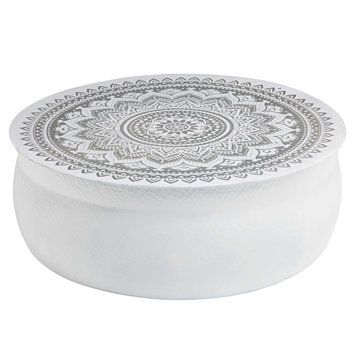 Table basse en aluminium martelé blanc motifs argentés Mandala