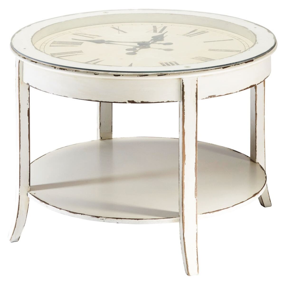 Table basse ronde horloge en verre et bois blanc vieilli D 72 cm Teatime