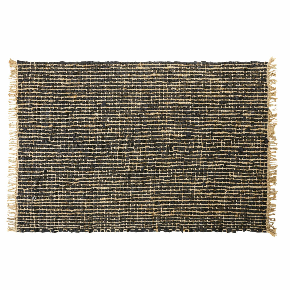 Tapis tressé en cuir de vache noir et jute 140x200